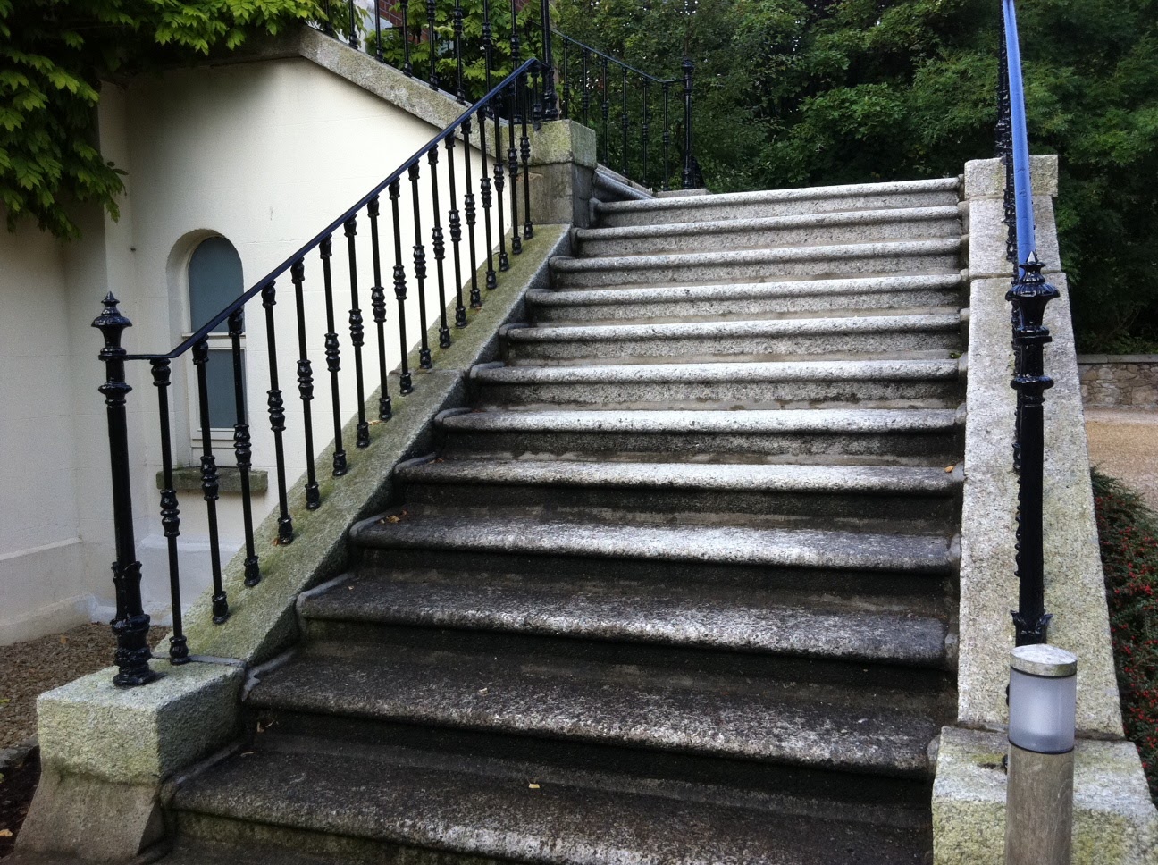 Granite steps before softwash cleaning — stained with algae and weathering