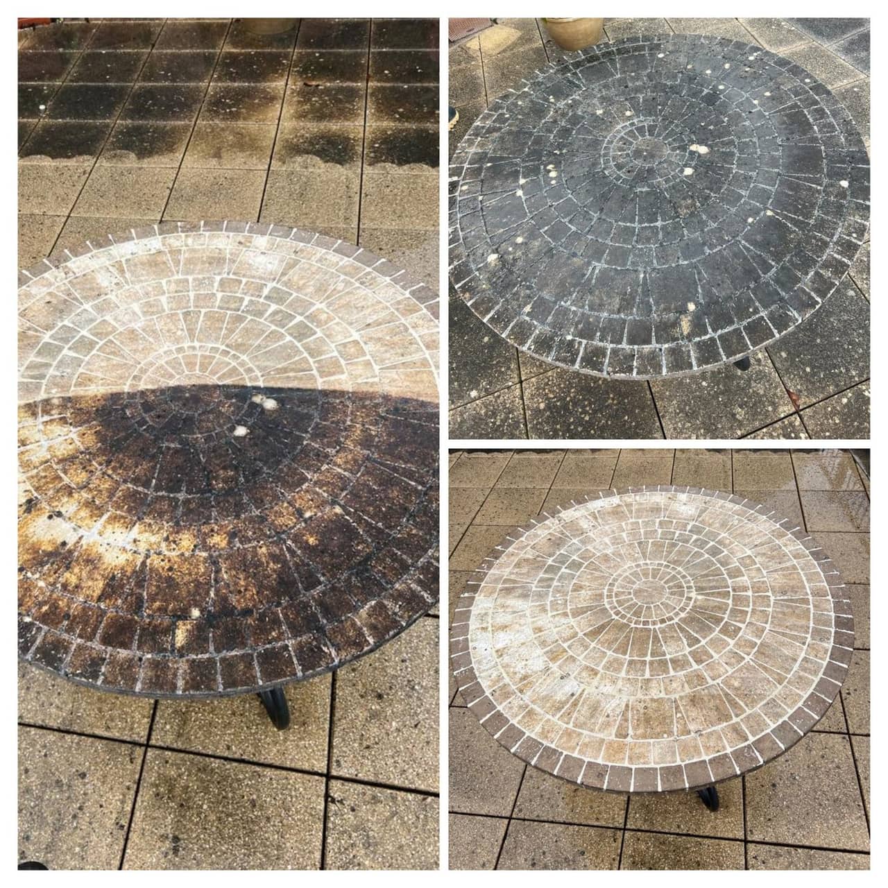 Imprinted concrete compass before and after cleaning